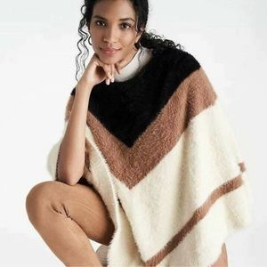 Ann Taylor Loft Black Brown Cream Chevron Colorblock Cozy Poncho Sweater
